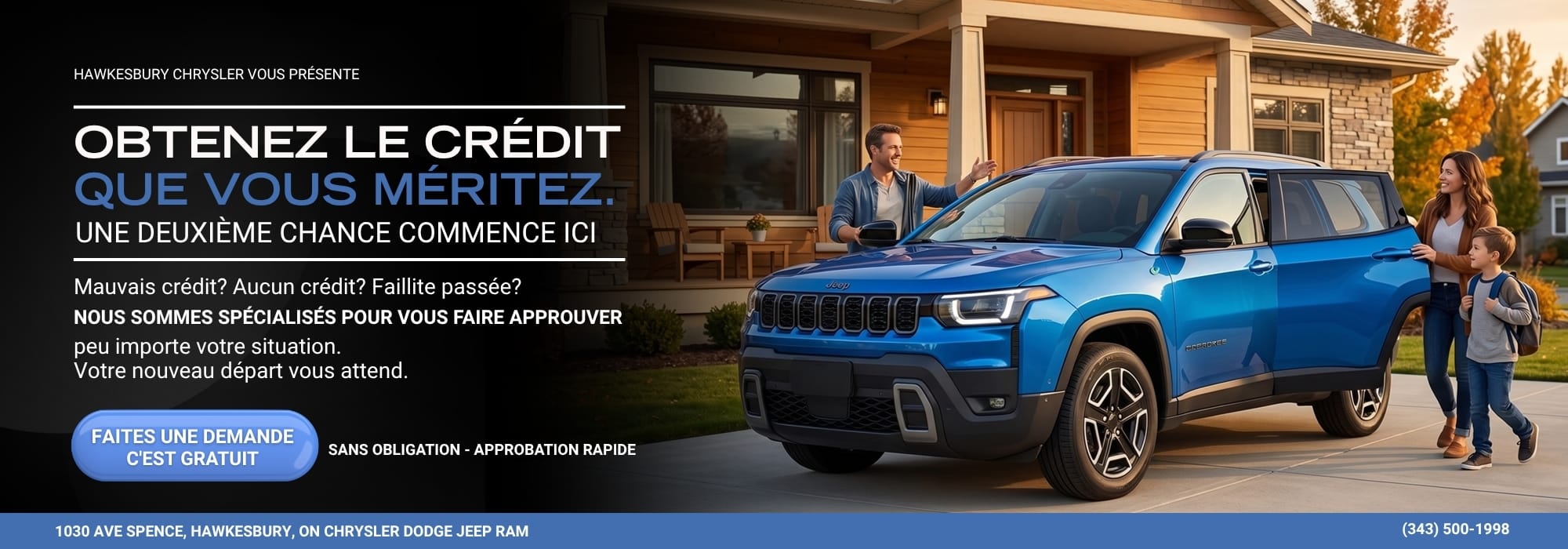 Hawkesbury Chrysler ad promotes car credit offers, showing a family with a blue Jeep outside a house.