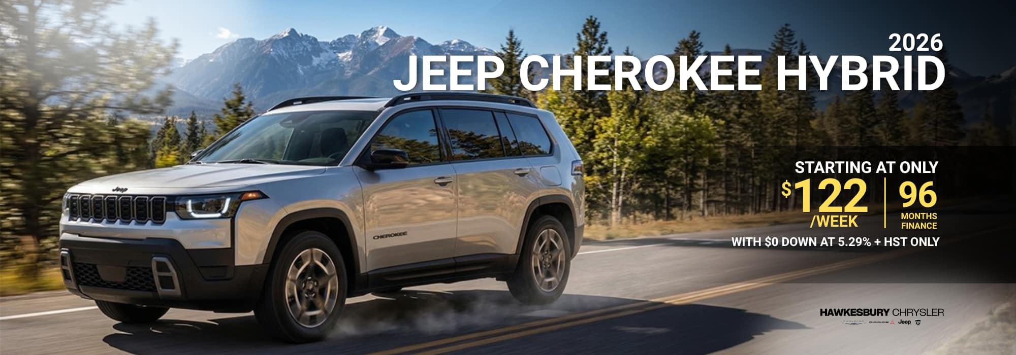 2026 Jeep Cherokee Hybrid driving on mountain road, available for $122/week over 96 months at 5.29% interest.